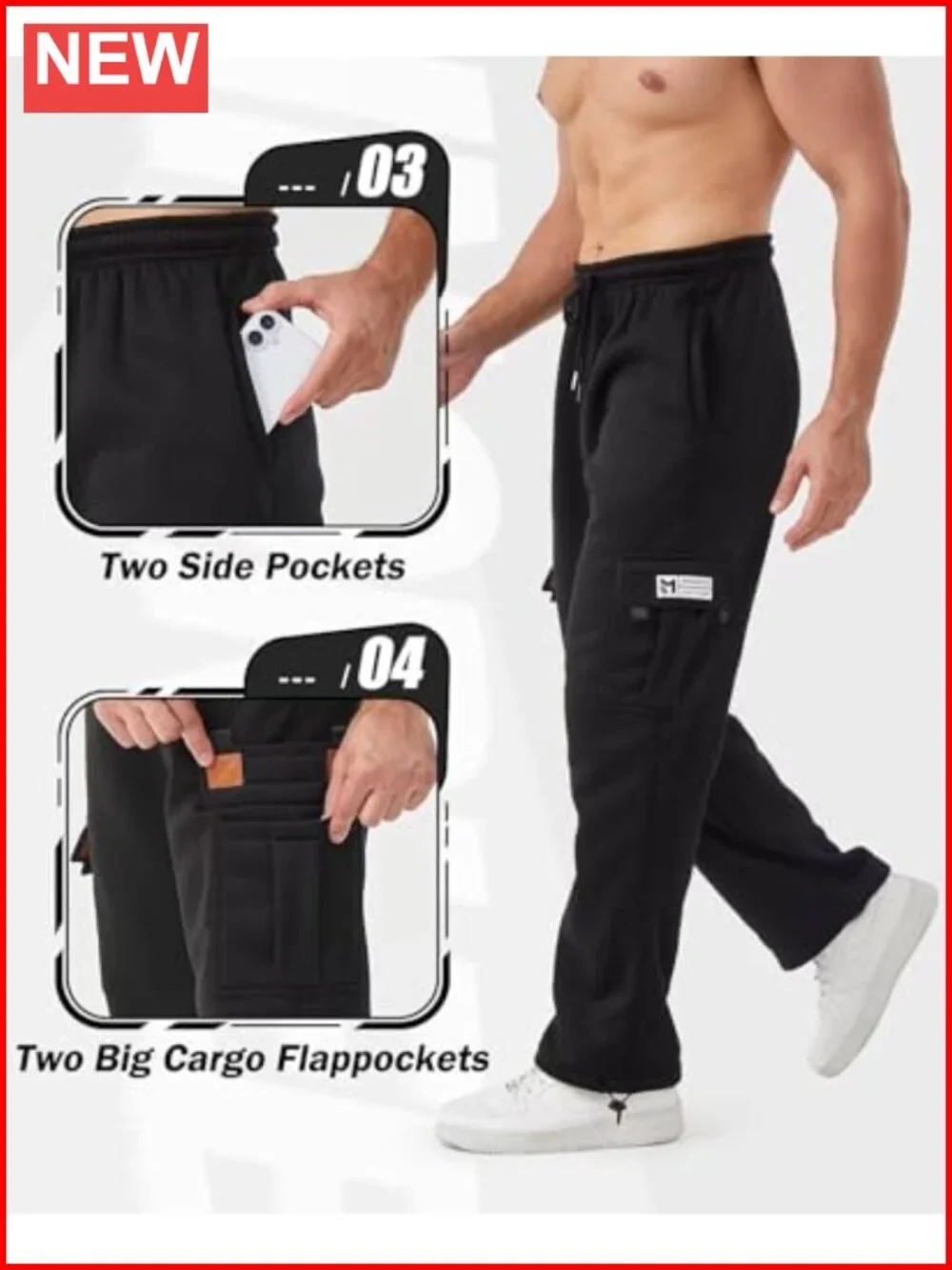 Men's 3 Pack Fleece Lined Cargo Joggers with Pockets Relaxed Fit